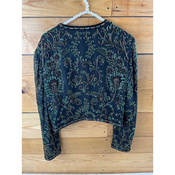 Niteline by Della Roufogali Vintage Silk Beaded Jacket sz M Black Green Brown - Picture 5 of 7